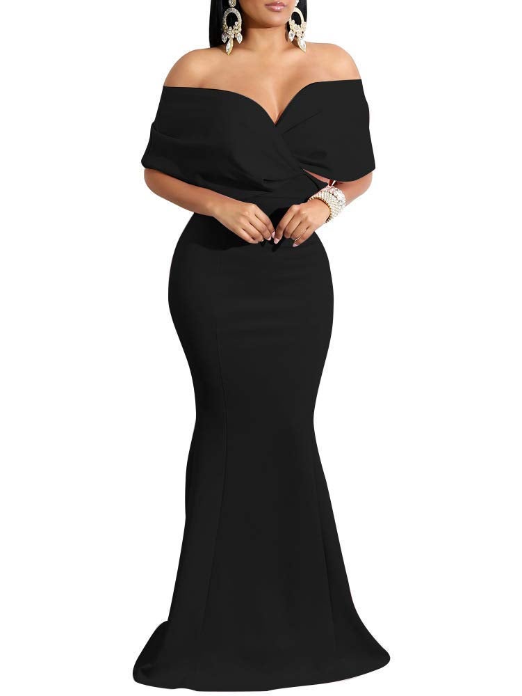GOBLES Women Sexy V Neck Off The Shoulder Evening Gown Fishtail Maxi Dress (XL, Black) - Image 2